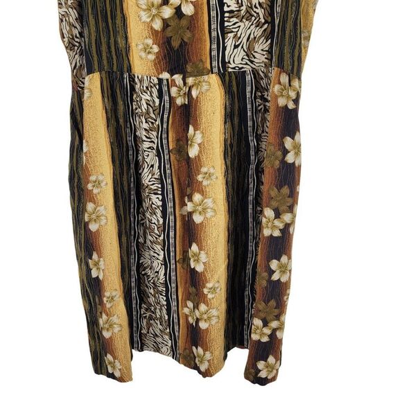 Vtg 80s Tropical Floral Button Front Dress Sz M Sleeveless Rayon Brown Pockets - Picture 11 of 12